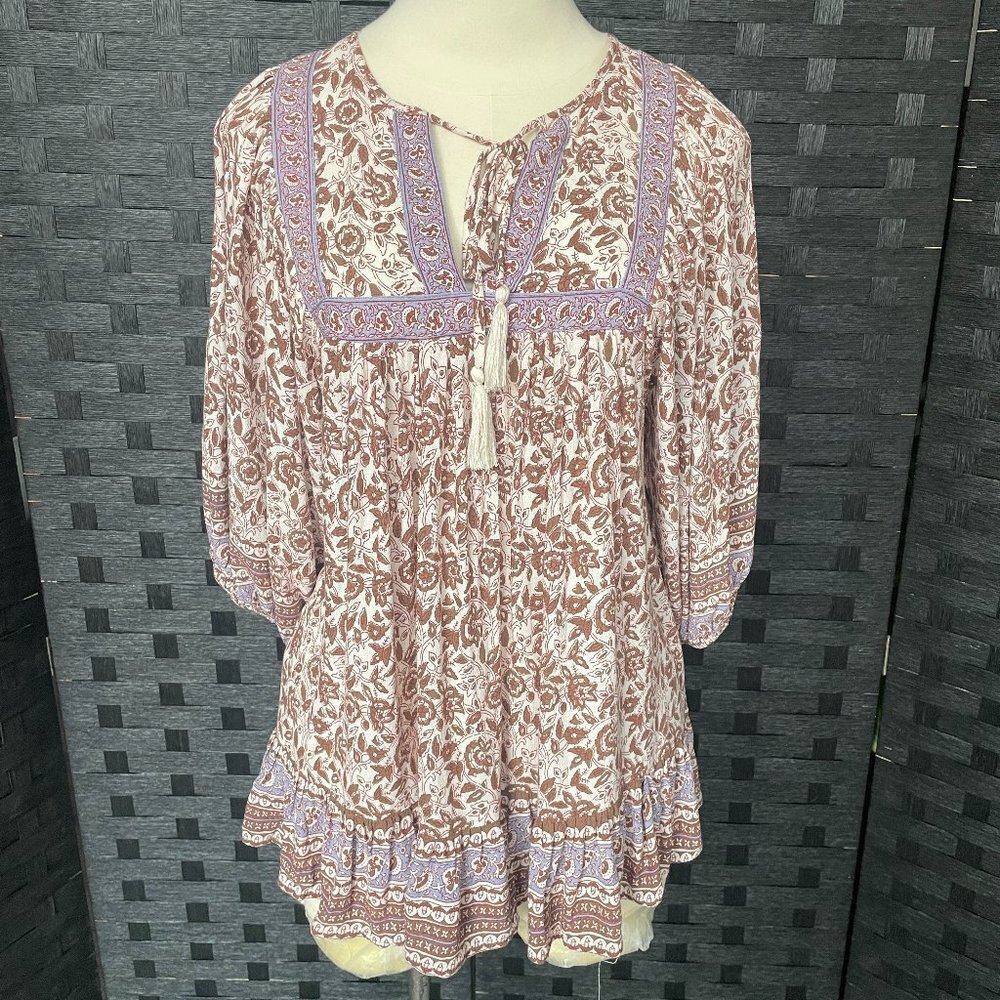 Rachel Zoe Tunic Blouse Small Boho Floral Print Tassel Tie Neck